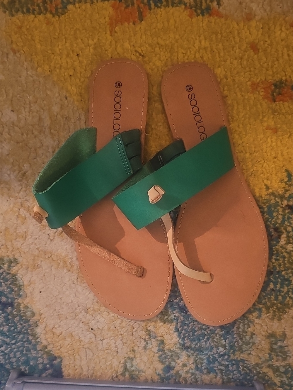Sociology Green Leather Strap Sandals with Tan Footbed